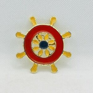 Vintage‎ Gold Tone Ship Wheel Boat Helm Nautical Brooch Pin Enamel